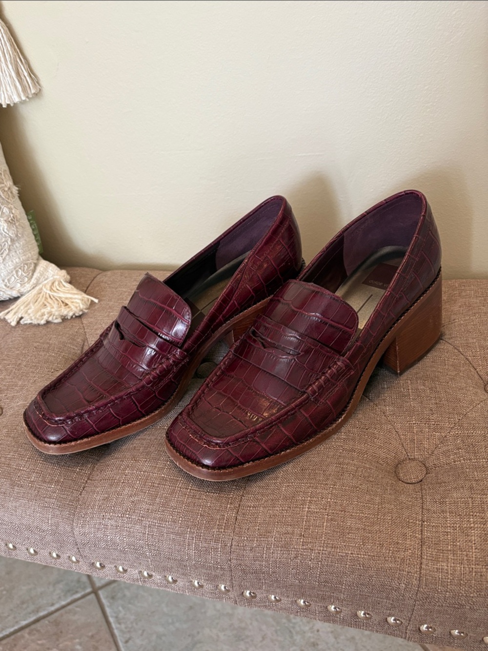 Dolce Vita Talie block heel loafers in a deep burgundy croc-embossed leather.